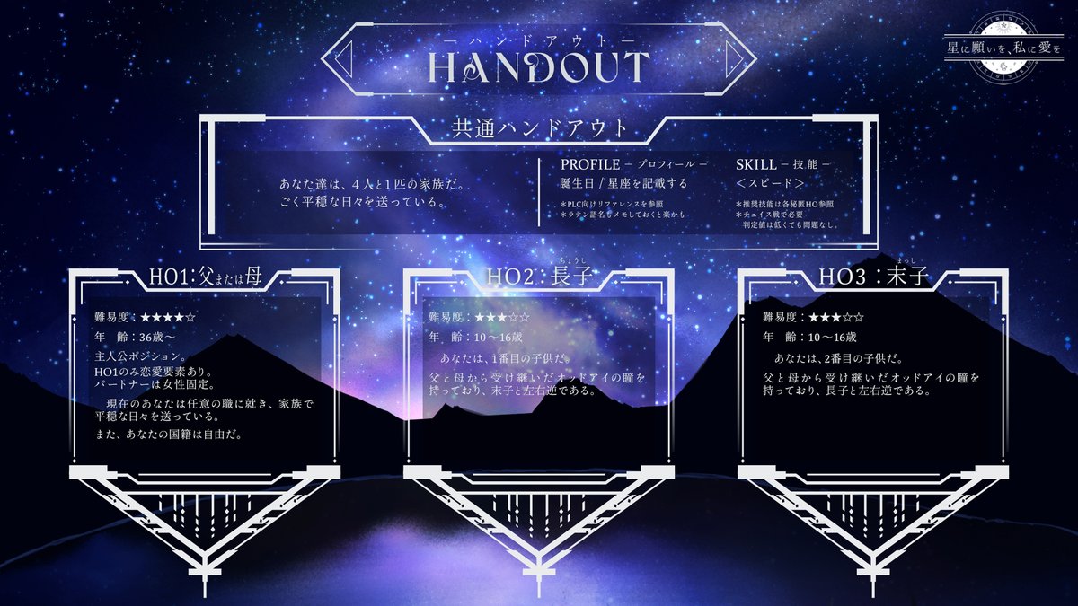 yugito7346's tweet photo. #エモクロア #TRPG 新作同人 キャンペーン シナリオ『星に願いを、私に愛を』  

あなたは家族に、何を願う？ 家族と巡る世界の果ての逃避行。

戦略性あるチェイス戦と、
物語途中で発生する2大ルート分岐が特徴です。 

2023年秋頃 BOOTHにて頒布予定。
↓ショップ・URL
https://t.co/M35GEnutjk https://t.co/5LiUMNcht9