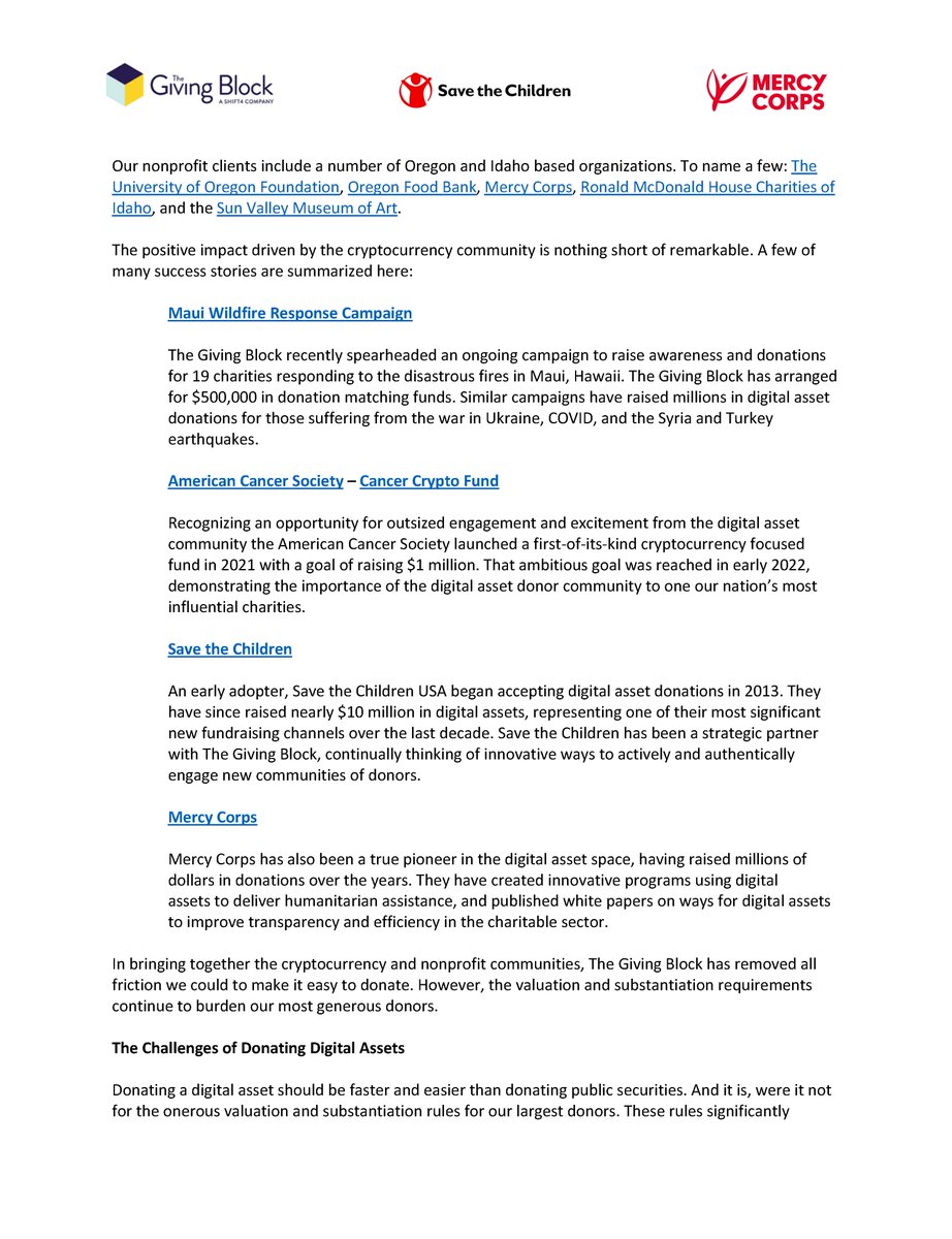 🧵 Today, we sent a letter to Senators @RonWyden and @MikeCrapo, proposing  that we eliminate the appraisal requirements on crypto donations. This  issue impacts both the crypto community and the nonprofit sector,