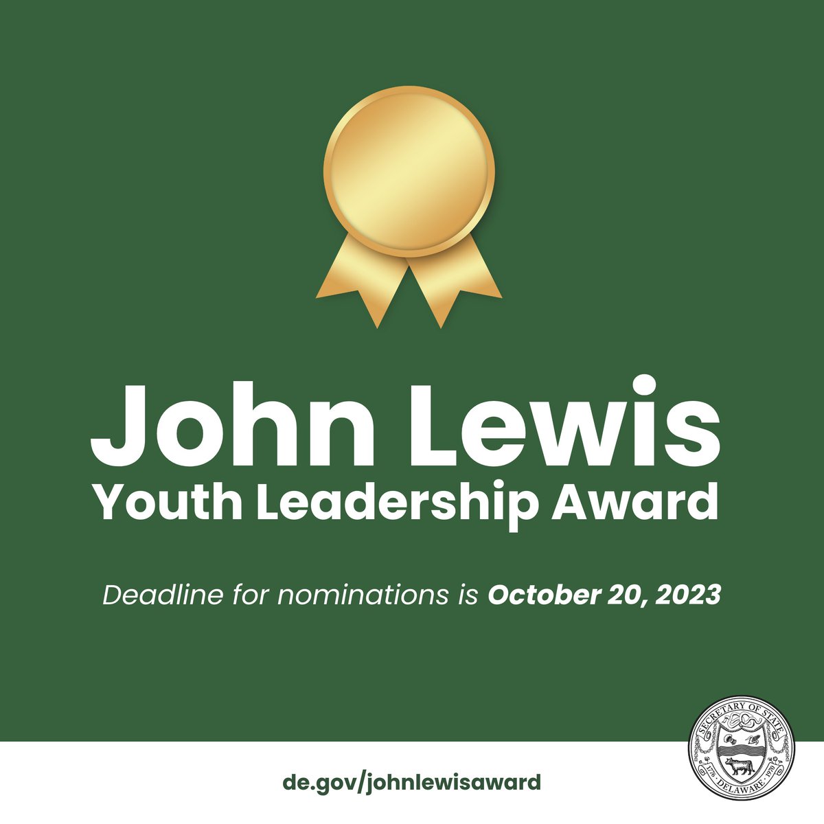 We're accepting nominations for the 2023 John Lewis Youth Leadership Award! Nominees must be a resident of DE, 25 years old or younger, & have demonstrated a meaningful commitment to addressing civil rights issues. Deadline is Oct. 20. Learn more: de.gov/johnlewisaward