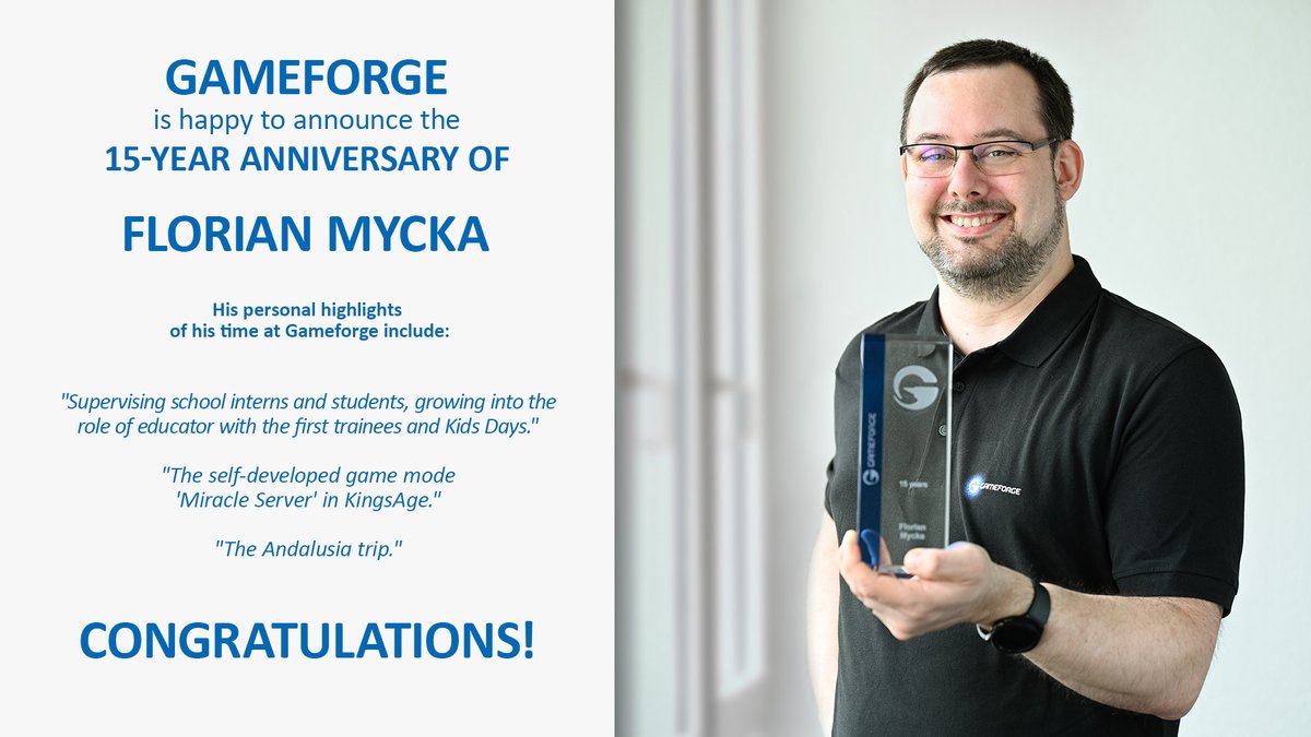Gameforge's tweet photo. Happy #Gameforgeversary Florian!
From browser-game developer to Team Lead Development &amp; an inspiring educator, Florian's role has evolved so much over the past 15 years. Here's to many more years of success, growth, and memorable moments! 
#gameforge #peopleatgameforge https://t.co/xTL1RtpXI3