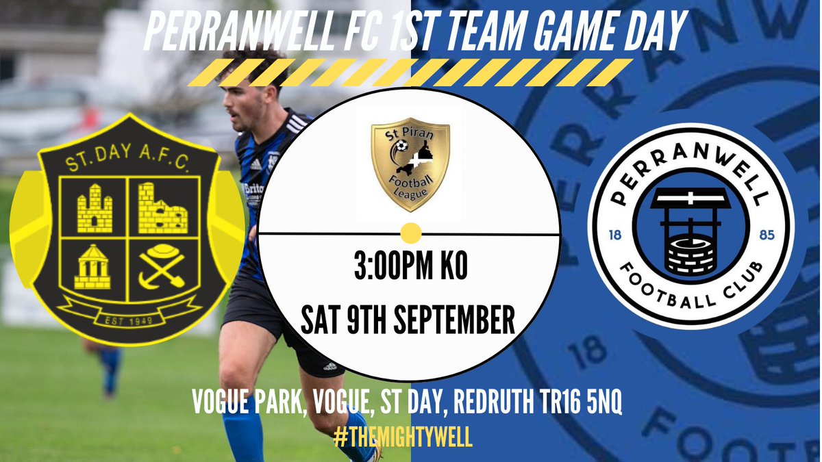Perranwell AFC (@perranwellafc) on Twitter photo Tomorrow the 1st team travel to Vogue Park to face <a href="/STDAYAFC1/">St Day AFC</a> in the Kernow Stone St Piran League Premier West Division 🔵⚫️
#TheMightyWell Tomorrow the 1st team travel to Vogue Park to face <a href="/STDAYAFC1/">St Day AFC</a> in the Kernow Stone St Piran League Premier West Division 🔵⚫️
#TheMightyWell