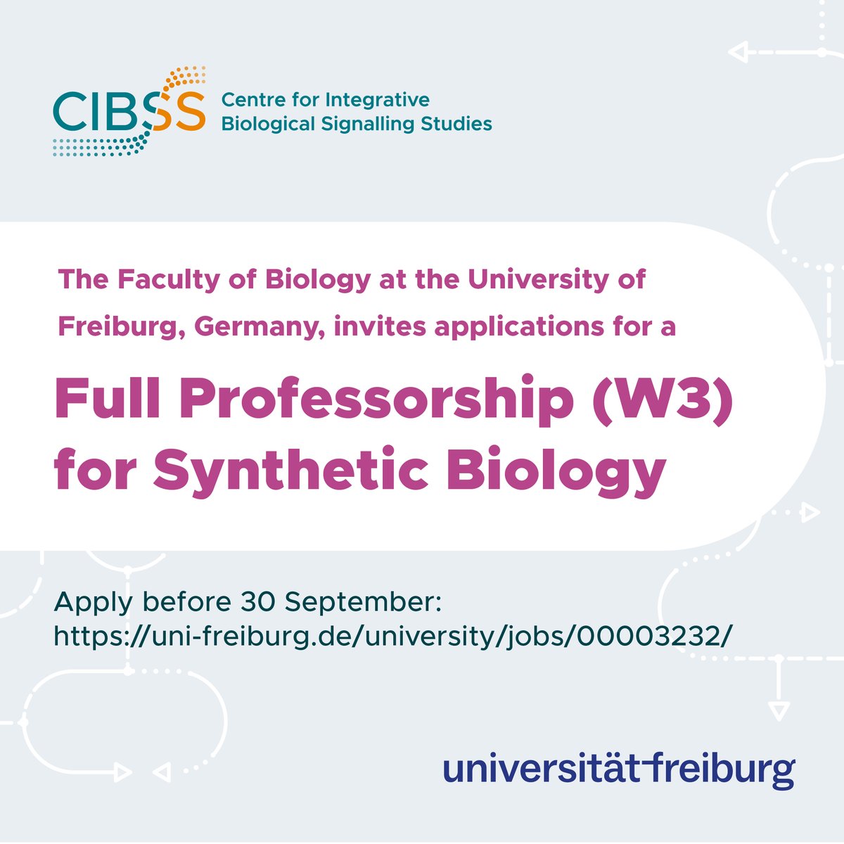 CIBSS (@cibss_unifr) on Twitter photo Please RT: Job opportunity!
The Faculty of Biology <a href="/UniFreiburg/">Universität Freiburg</a> invites applications for a Full Professorship for Synthetic Biology (W3). The successful candidate will be a member of CIBSS and BIOSS.
➡️uni-freiburg.de/university/job…
#AcademicJobs #FacultyJobs #SynBio #job #Germany Please RT: Job opportunity!
The Faculty of Biology <a href="/UniFreiburg/">Universität Freiburg</a> invites applications for a Full Professorship for Synthetic Biology (W3). The successful candidate will be a member of CIBSS and BIOSS.
➡️uni-freiburg.de/university/job…
#AcademicJobs #FacultyJobs #SynBio #job #Germany