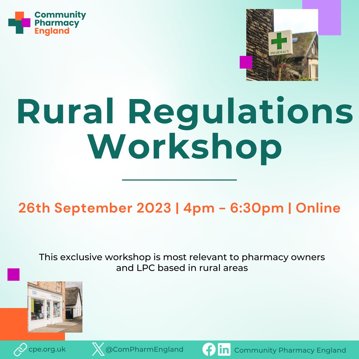 Join the Rural Regulations workshop on Tuesday, September 26th from 4:00 PM to 6:30 PM. This event provides a unique opportunity to explore NHS Pharmaceutical Regulations regarding rural issues.

Find out more about this webinar 👉tinyurl.com/4ct2px8y