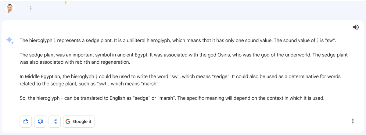 joaobi's tweet photo. Bard (Google's Chat based AI tool) does some simple yet cool Middle Egyptian "translations" but also has some intense hallucinations. Nice start, I am sure it will keep improving #googleAI #DigitalHumanities #Egyptology https://t.co/2OnsqCrnQI