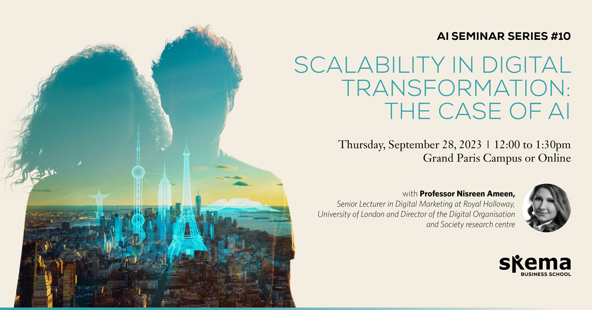 [ÉVÉNEMENT] Le SKEMA Centre for Artificial Intelligence organise le séminaire "Scalability in Digital Transformation: The Case of AI" qui aura lieu le 28 septembre. Le séminaire sera présenté par <a href="/ameen_nisreen/">Dr. Nisreen Ameen</a>, co-directrice de <a href="/dosrhul/">DOS Research Group</a>. Détails: fcld.ly/w5dhit2 #SKEMAai