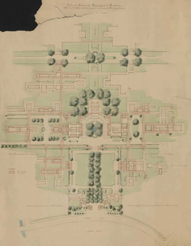 Sketch of the site of the future technical college complex by Henri Maclaine Pont. Penggunaan ruang terinspirasi keraton Solo dan Jogja yang dikarakterisasi tidak hanya dari penggunaan bangunan, tetapi sang ruang antara bangunan-bangunan.
