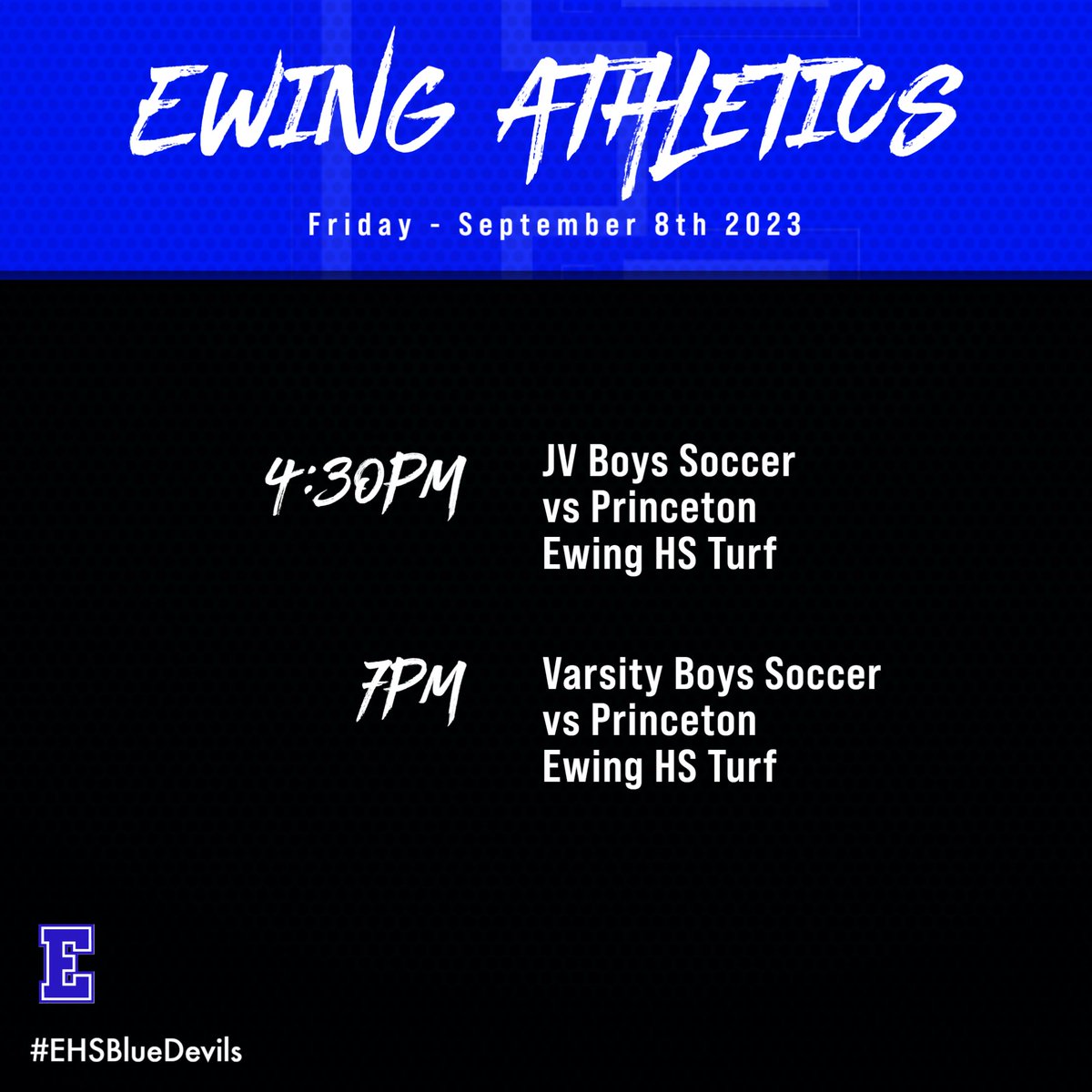 Ewing Athletics Fans: Below is today's schedule of athletic events.  The JV and Varsity soccer game will be live at the link below.                 

EHS Athletics Streaming Link:   youtube.com/channel/UCaKjX………

<a href="/TheEwingSchools/">Ewing Public Schools</a> <a href="/EHSSoccerB/">Ewing High School Men’s Soccer</a> 
#GoBlueDevils