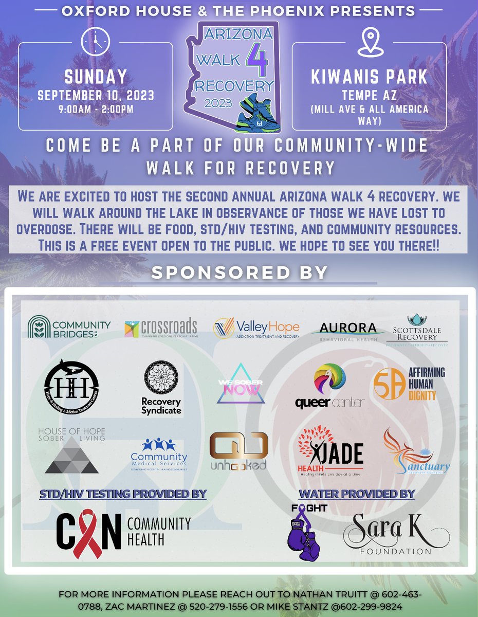 CANCommHealth's tweet photo. TEMPE, AZ: The #CANphoenix team will be showing there support at the second annual Arizona Walk 4 Recovery event this Sun, Sept 10th from 9am-2pm. Join us for free testing and more at 5500 S Mill Ave in #TempeAZ #Walk4Recovery #OverdoseAwareness #Recovery #HarmReduction https://t.co/y6U4bUtoJg