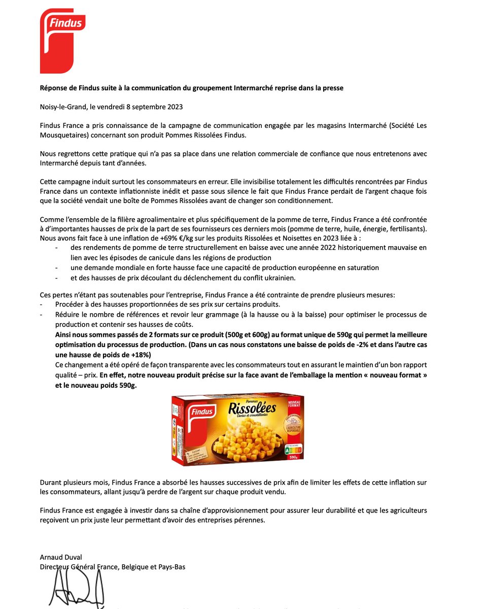 Dauvers70's tweet photo. #LEFILCONSO Shrinkflation : la réponse de Findus (mise en cause par @intermarche) ⬇️⬇️⬇️ https://t.co/aU12OsHCTb