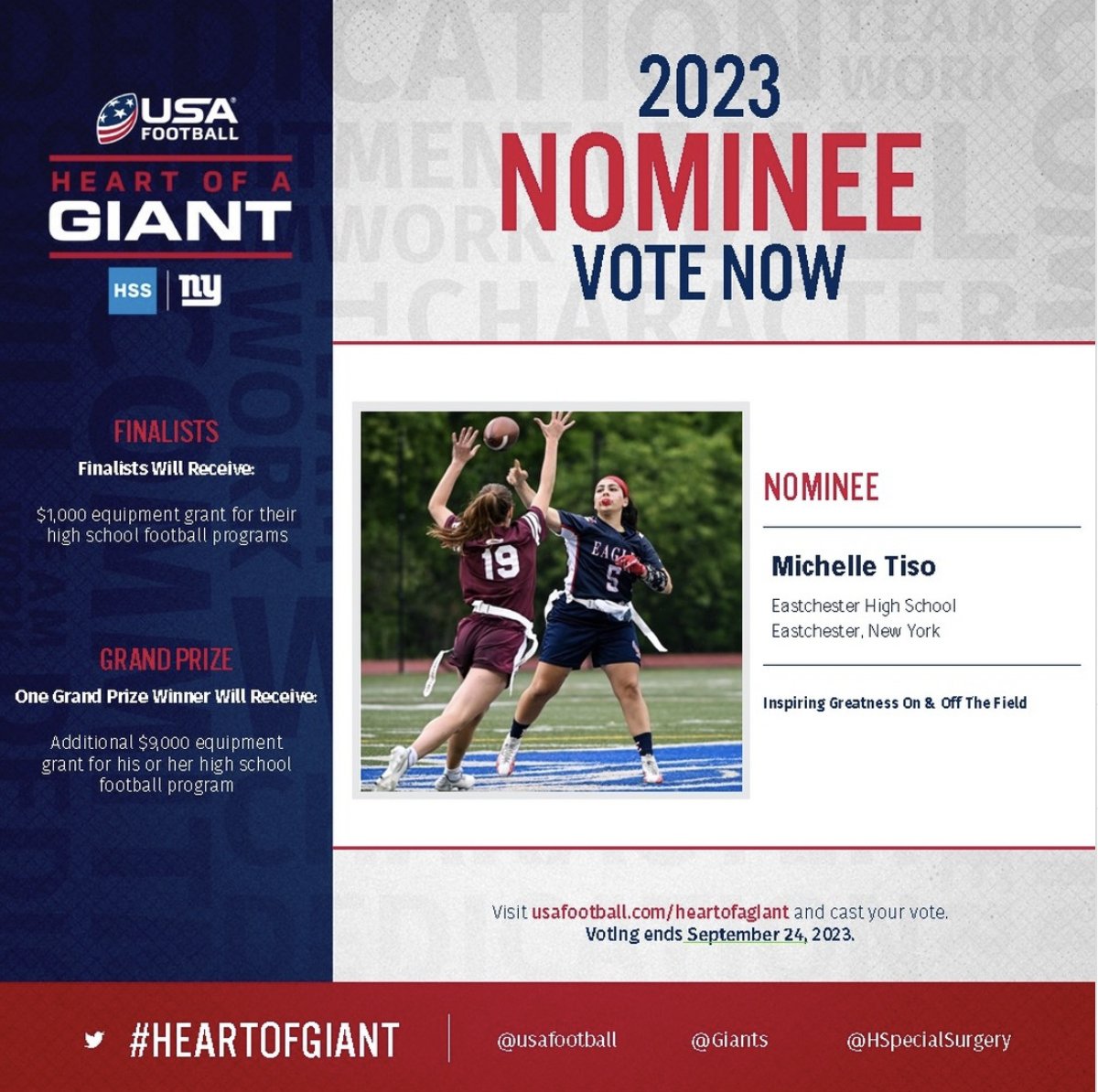 Michelle Tiso from @Eagle___Nation has been Nominated for USA Football’s “Heart of a Giant” Award! The program shines a light on HS student-athletes who demonstrate a relentless work ethic and unmatched love for the game. Go to usafootball.com/hoagvote and vote for Michelle!