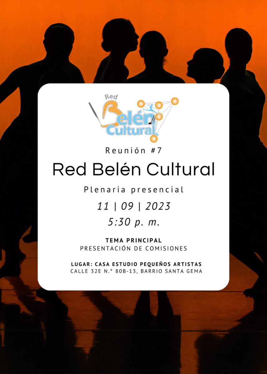 Este lunes 11 de septiembre, tenemos reunión plenaria de la Red Belén Cultural (RBC), en Casa Estudio Pequeños Artistas. 
La RBC se ha fijado el propósito de darle a la Cultura el lugar que se merece en la Comuna 16 Belén.
#RedBelénCultural #RBC #Cultura #Belén