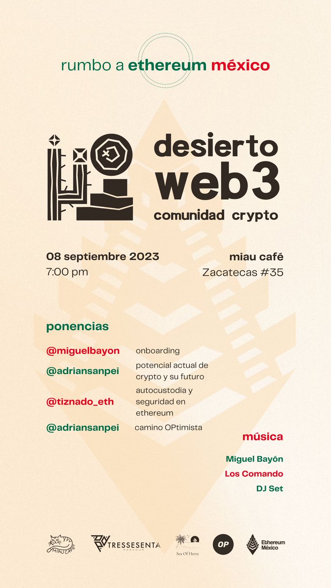 Es hoy!! desierto web3 se unio al camino OPtimista rumbo a ethereum méxico. No falten!! miau café a las 7pm, sean puntuales. 
<a href="/adriansanpei/">Adrián (Sanpei) 🇲🇽</a> @tiznado_eth <a href="/miguelbayon/">miguelbayon</a> <a href="/ethereum_mx/">ETHMéxico</a> @optimismFND