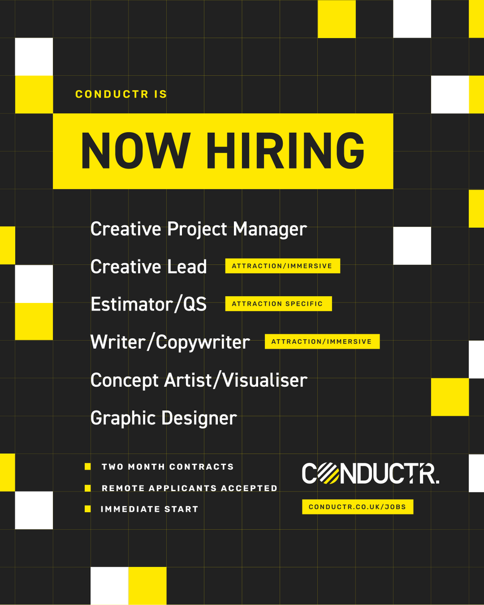 We're hiring for a number of Freelance/Contractor roles with an immediate start until end Nov 23.

Please email jobs@conductr.co.uk to post a formal submittal.

#Freelancers #Contractors #ThemedEntertainment #ThemedDesign #Jobs #CDTR #MadeinManchester