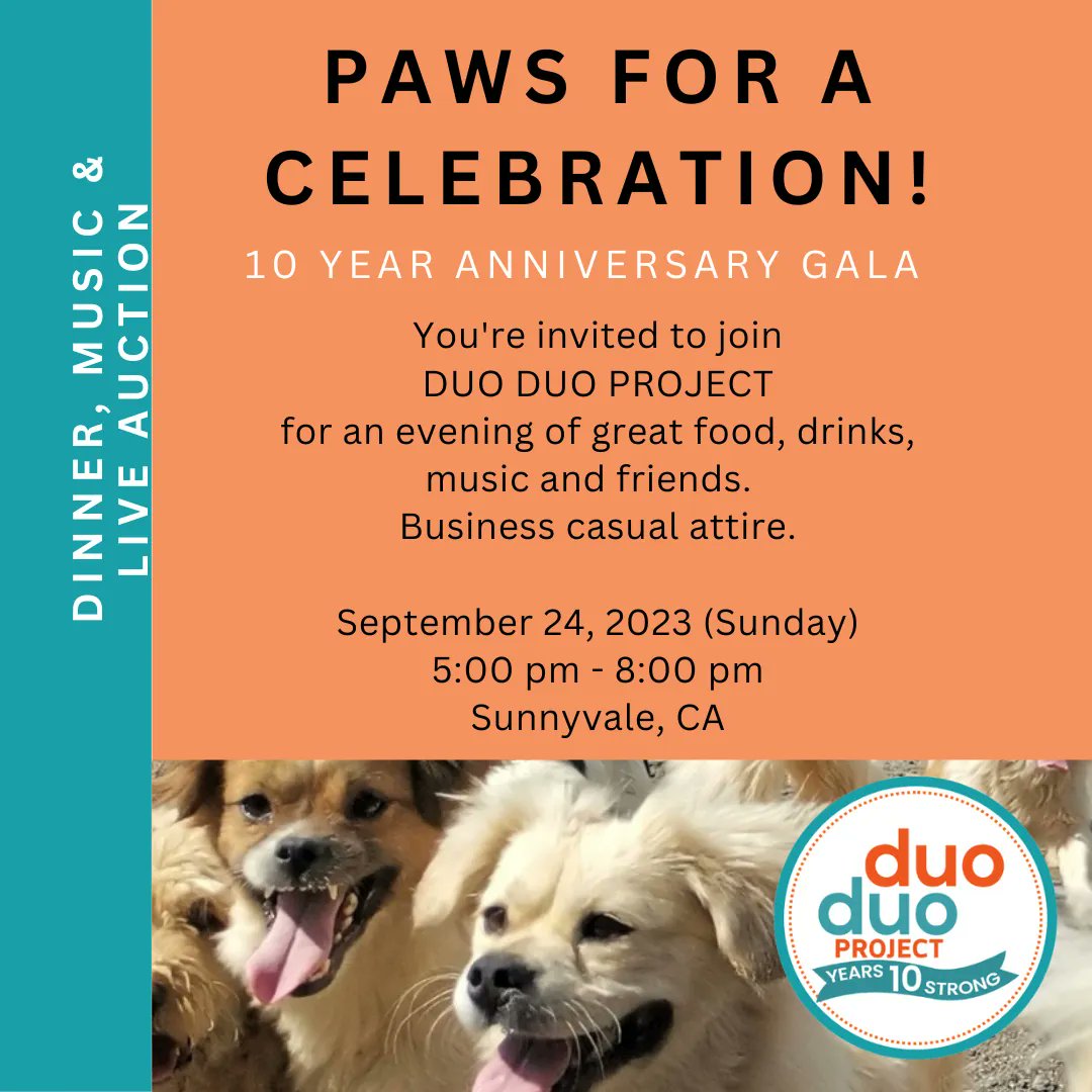 Celebrate Duo Duo Project's 10th anniversary on Sept 24 at our Paws For A Celebration Gala! Your presence & any contribution you make will fuel our mission to end the cat & dog meat trade in China.

buff.ly/3EwMLk7

#animalfundraiser #enddogmeattrade #endcatmeattrade