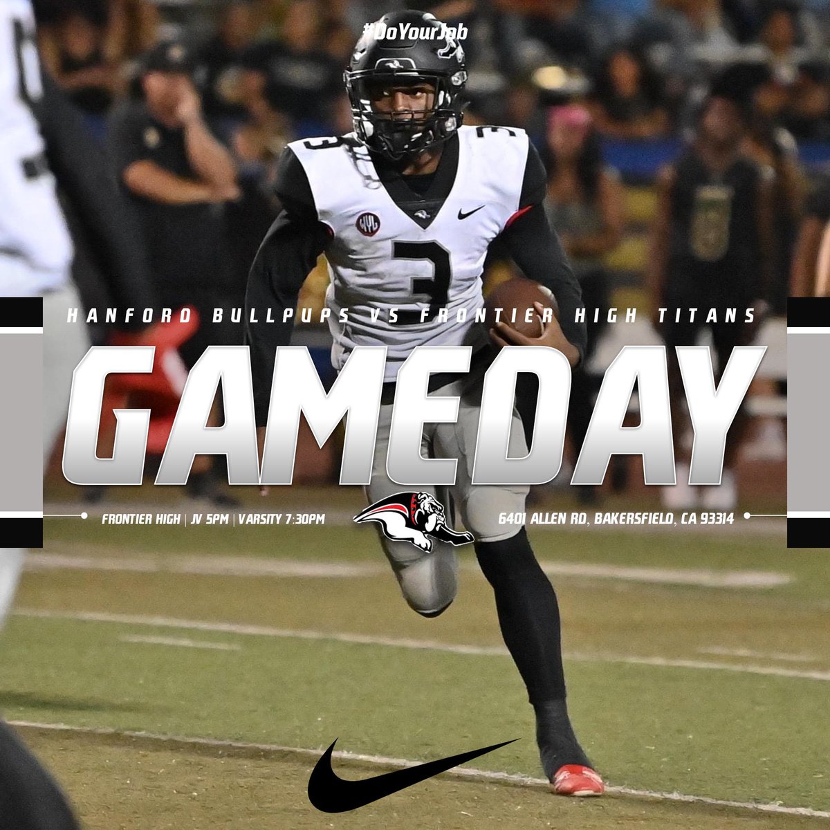 FootballHanford's tweet photo. 𝗜𝘁’𝘀 𝗚 𝗔 𝗠 𝗘  𝗗 𝗔 𝗬‼️

⚫️🔘⚫️

🆚 Frontier High Titans 
📍 Bakersfield, CA
🏟️ Titan Stadium 
⏰ 7:30pm
📺 Streaming @KernHighNetwork 

#DoYourJob🧰 | #PupSzn🐾 https://t.co/b79uJtzvOo