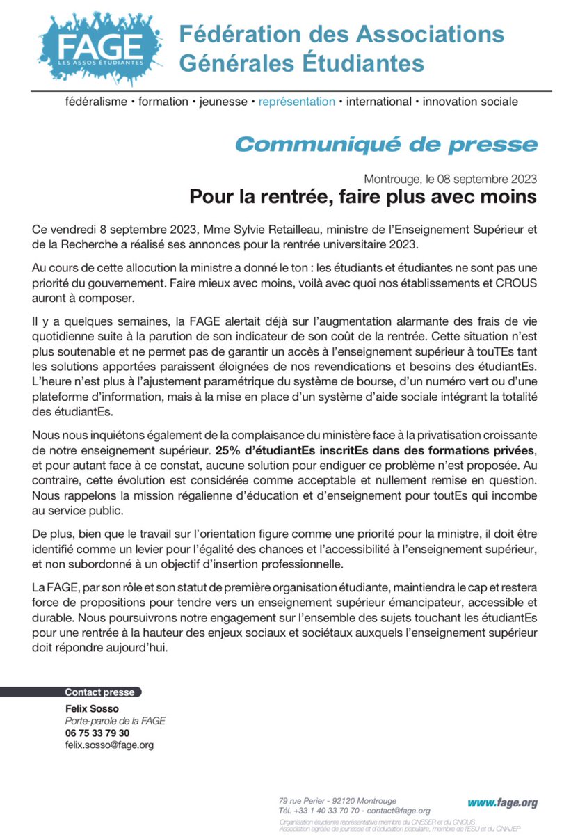 #Rentrée2023 | 

<a href="/sretailleau/">Sylvie Retailleau</a> nous a détaillé ses annonces de rentrée ce matin, retrouvez la réaction de la FAGE ⬇️

Pour la rentée, faire plus avec moins !