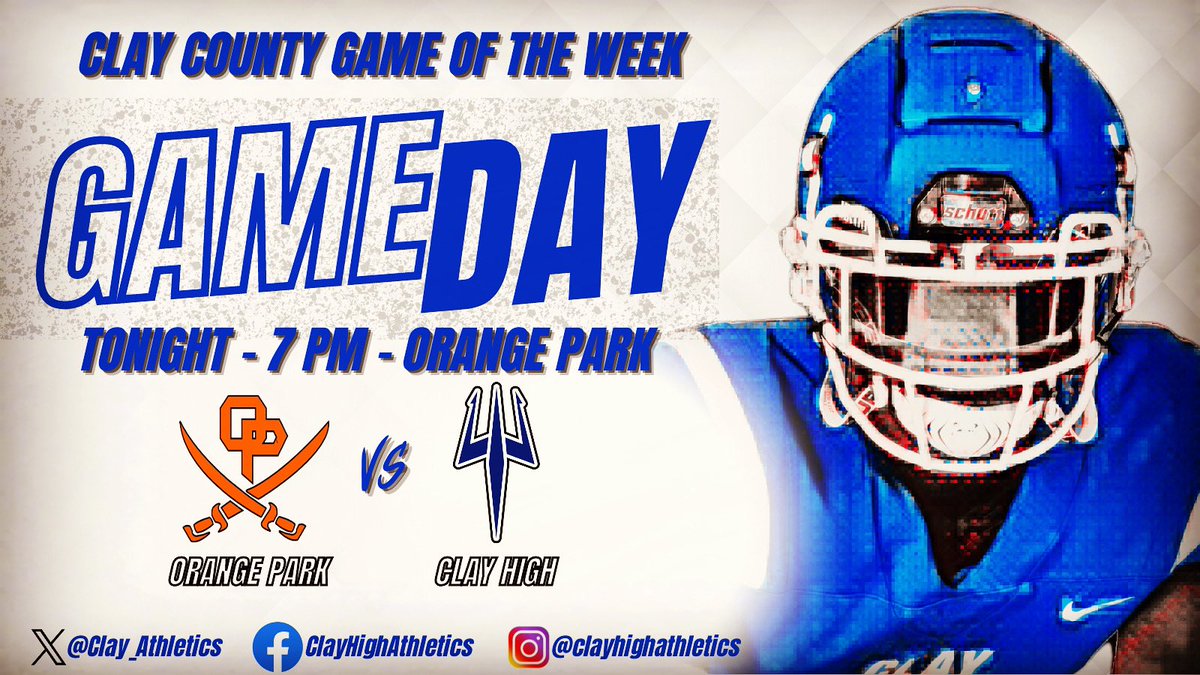 Clay High Athletics (@clay_athletics) on Twitter photo Game Day!
Clay County Game of the Week!
@ Orange Park, 7:00 PM
GoFan.co
<a href="/ClayHSFootball/">Clay High Football</a> <a href="/Clay_Crazies/">Clay Crazies</a> <a href="/oneclaysports/">Clay County Athletics</a> <a href="/ClayTodaySports/">Randy T Lefko</a> @TeamClayHigh1 Game Day!
Clay County Game of the Week!
@ Orange Park, 7:00 PM
GoFan.co
<a href="/ClayHSFootball/">Clay High Football</a> <a href="/Clay_Crazies/">Clay Crazies</a> <a href="/oneclaysports/">Clay County Athletics</a> <a href="/ClayTodaySports/">Randy T Lefko</a> @TeamClayHigh1