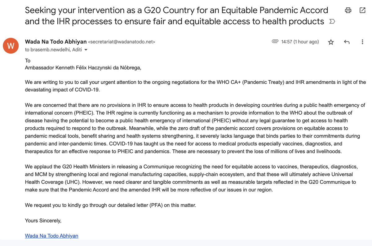 wadanatodo's tweet photo. We have written to Brazil Ambassador (@BrazilEmbassyIN) to call Brazil's attention to ongoing negotiations for WHO CA+(Pandemic Treaty) &amp; IHR amendments, asking for commitments &amp; targets to ensure that the Pandemic Accord &amp; amended IHR is more reflective of issues in our region. https://t.co/b92tll45fv