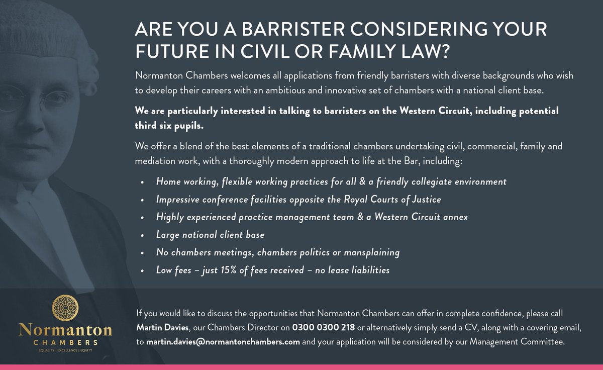 Are you a barrister considering your future in civil or family law? <a href="/normanton100/">Normanton Chambers</a> welcomes all applications from friendly barristers with diverse backgrounds, particularly those on, or interested in moving to, the Western Circuit. Please see below for further details.