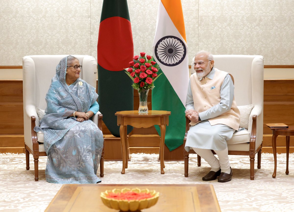 narendramodi's tweet image. Had productive deliberations with PM Sheikh Hasina. The progress in India-Bangladesh relations in the last 9 years has been very gladdening. Our talks covered areas like connectivity, commercial linkage and more.
