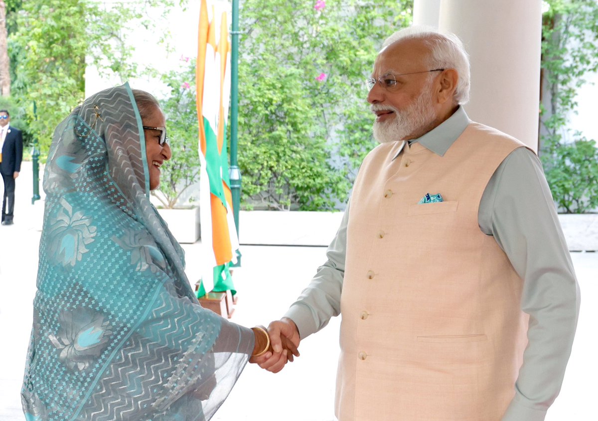 narendramodi's tweet image. Had productive deliberations with PM Sheikh Hasina. The progress in India-Bangladesh relations in the last 9 years has been very gladdening. Our talks covered areas like connectivity, commercial linkage and more.