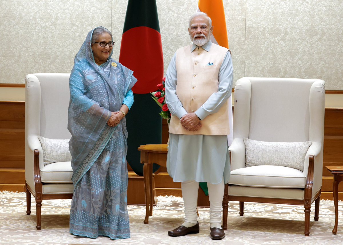 narendramodi's tweet image. Had productive deliberations with PM Sheikh Hasina. The progress in India-Bangladesh relations in the last 9 years has been very gladdening. Our talks covered areas like connectivity, commercial linkage and more.