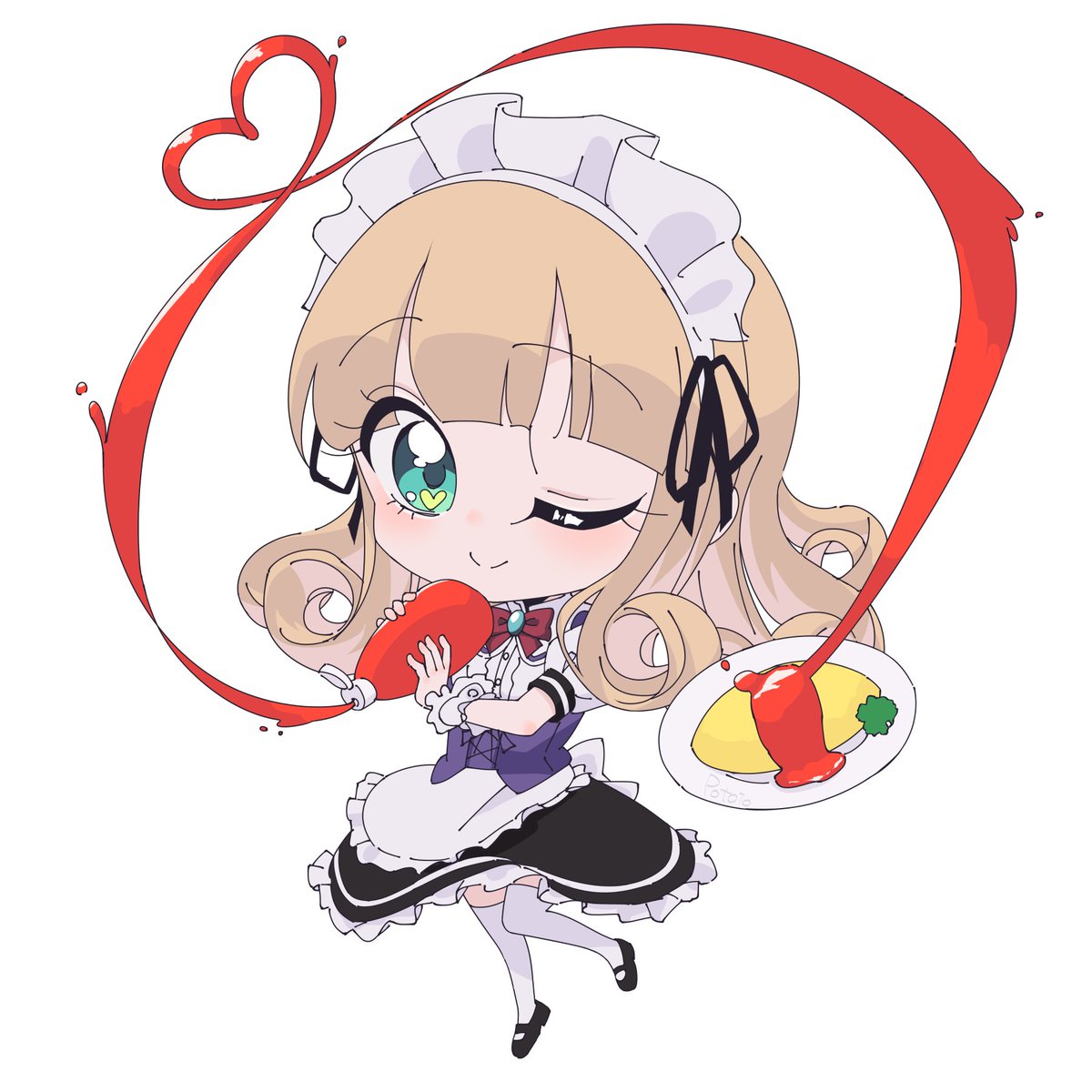 1girl omurice omelet ketchup solo one eye closed maid headdress  illustration images