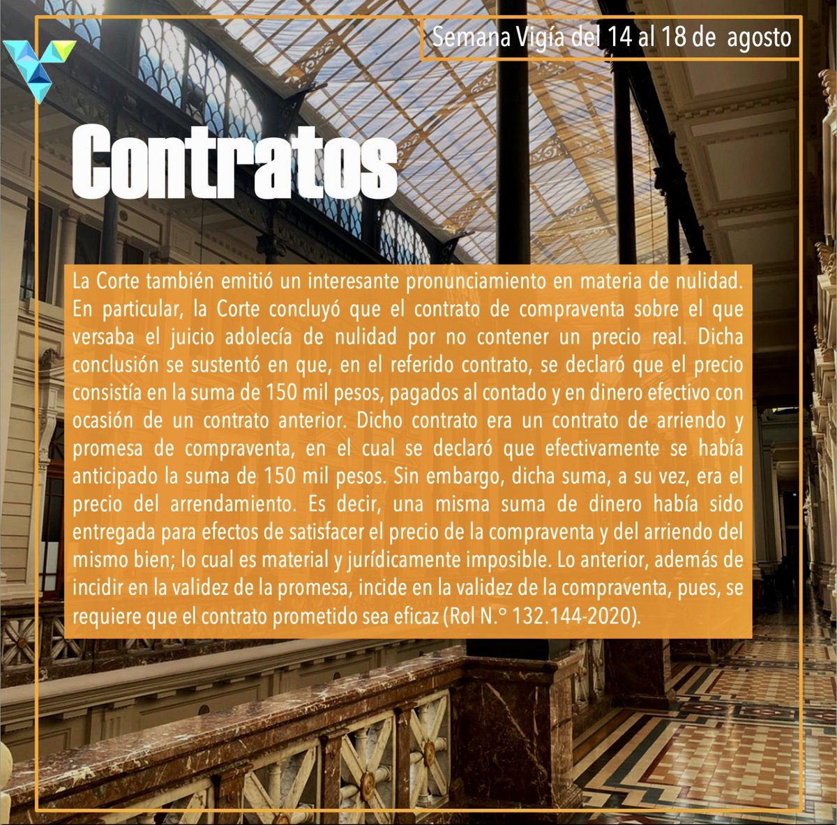 ProyectoVigia's tweet photo. Fin Semana Vigía! 

La Corte se pronuncia sobre nulidad de un contrato de compraventa por no con contener este un precio real, ya que una misma suma de dinero habría sido entregada para satisfacer el precio de la compraventa y, a su vez, del arrendamiento. (Rol N° 132.144-2020). https://t.co/QZcwSN5ebK