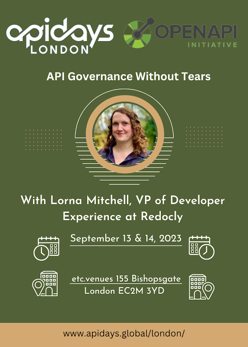 OpenApiSpec's tweet photo. 🔥Lorna Mitchell @Lornajane brings "API Governance Without Tears"! Dive deep into transitioning from good to great APIs. Discover the art of standards, stakeholder engagement, and efficient delivery. Perfect for architects, tech leads, and API aficionados. #OpenAPI #APIdays https://t.co/BduZ9BbBo7
