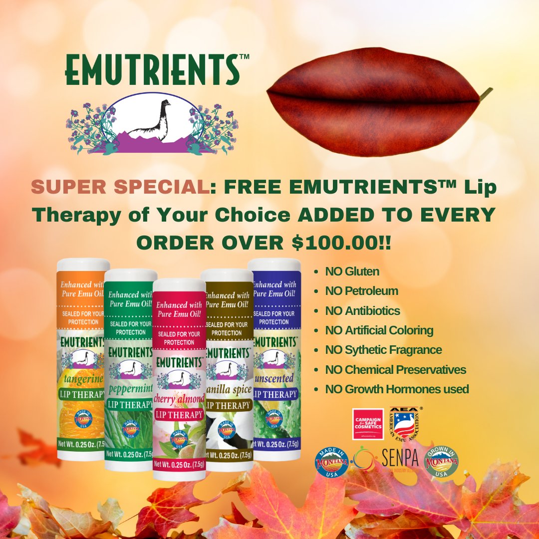 RanchEmu's tweet photo. #EMUTRIENTS™ #FREE #LipTherapyBalm with every $100 purchase! #NaturallyFlavored with Blends of #PureEssentialOils and #Extracts.  Just tell us which Flavor you would like when checking out in your Order Comments box!

https://t.co/ZxCW6MuKZ6

#montanaemuranch #emuplus #lips https://t.co/EF1JKbJkpY