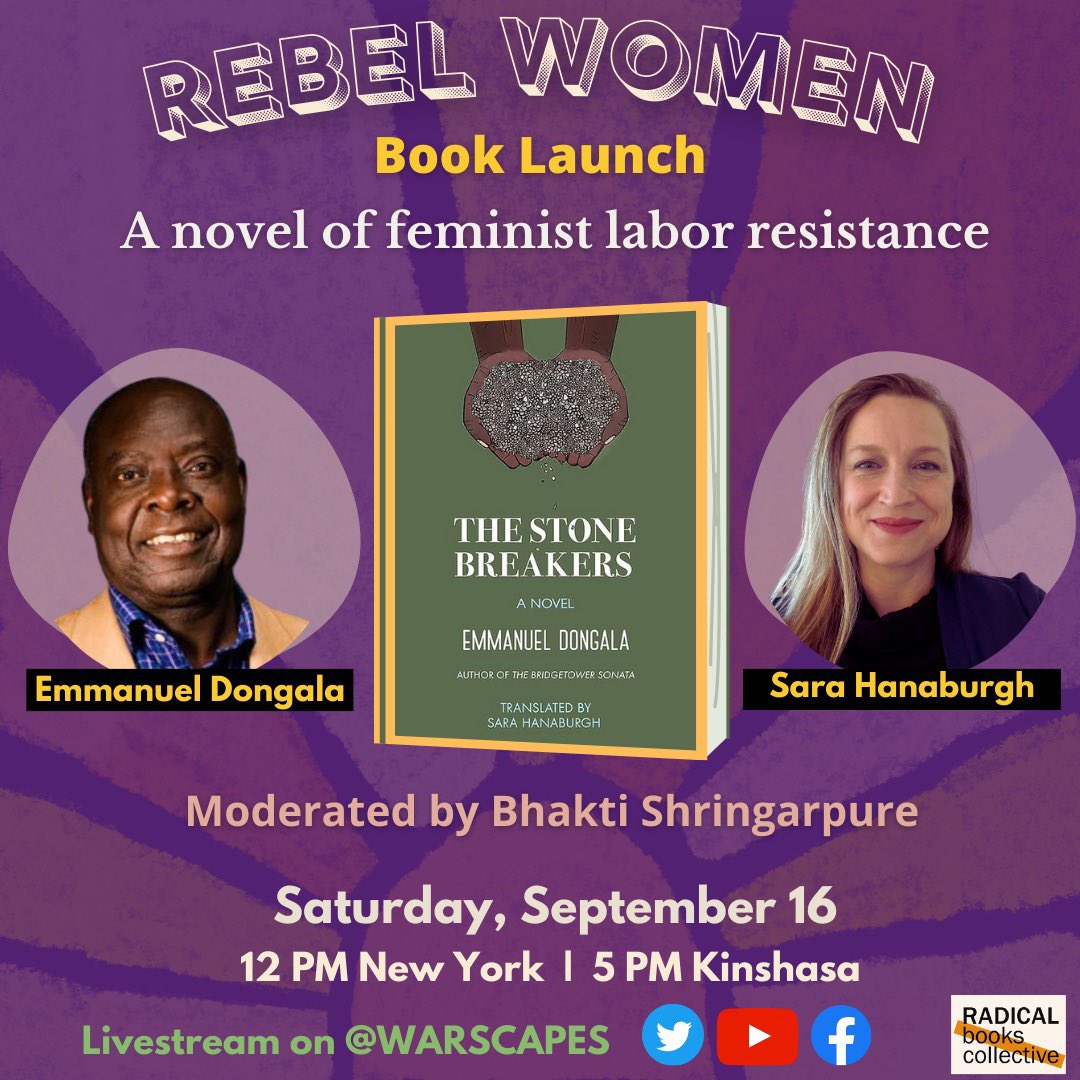 WARSCAPES's tweet photo. In one week! We're launching The Stone Breakers by Emmanuel Dongala, translated by @SaraHanaburgh &amp; published by @SchaffnerPress 

Set your reminders for the livestream! 
https://t.co/lGBKoNdQAm https://t.co/9pPpccx6Wx
