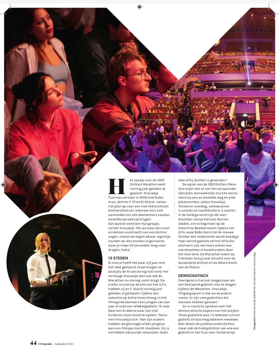 Met de <a href="/VrouwkjeTuinman/">Vrouwkje Tuinman</a> had ik voor <a href="/uitagenda030/">Uitagenda Utrecht</a> een goed gesprek over de '1000 Dichters Marathon', een initiatief dat twee decennia geleden al door haar en wijlen haar man F. Starik is bedacht. Het is de kans voor niet-professionele om hun gedicht voor te dragen in het openbaar