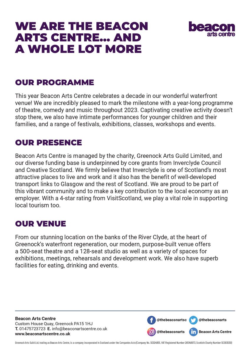 The Beacon are hiring for a part time Front of House Manager, for details please see below: beaconartscentre.co.uk/media/pexd5eeb… If you need CV support why not register with the Trust? Call 01475553343 or email appointments@the-trust.org.uk