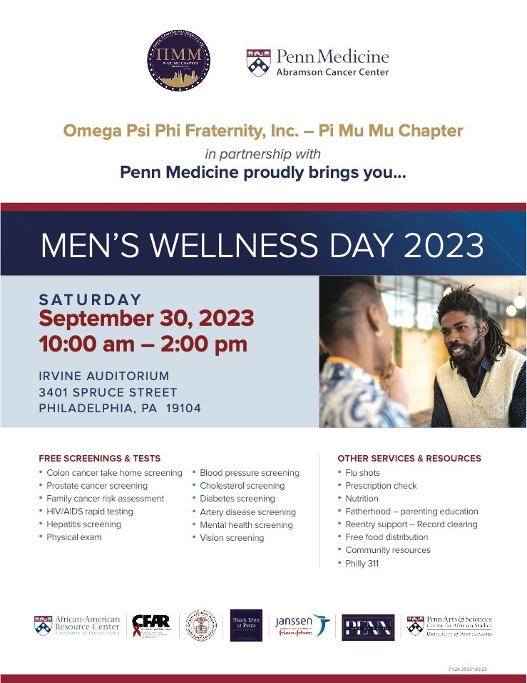 FightResearch's tweet photo. Men's Wellness Day is Sept 30, &amp; the Pi Mu Mu Chapter of Omega Psi Phi is partnering with Penn Medicine!
Stop by Irvine Auditorium at 3401 Spruce from 10a-2p on 9/30 for free rapid #HIVtesting, cancer screenings, flu shots, vision screenings, education, and more! https://t.co/pigXz6ztei