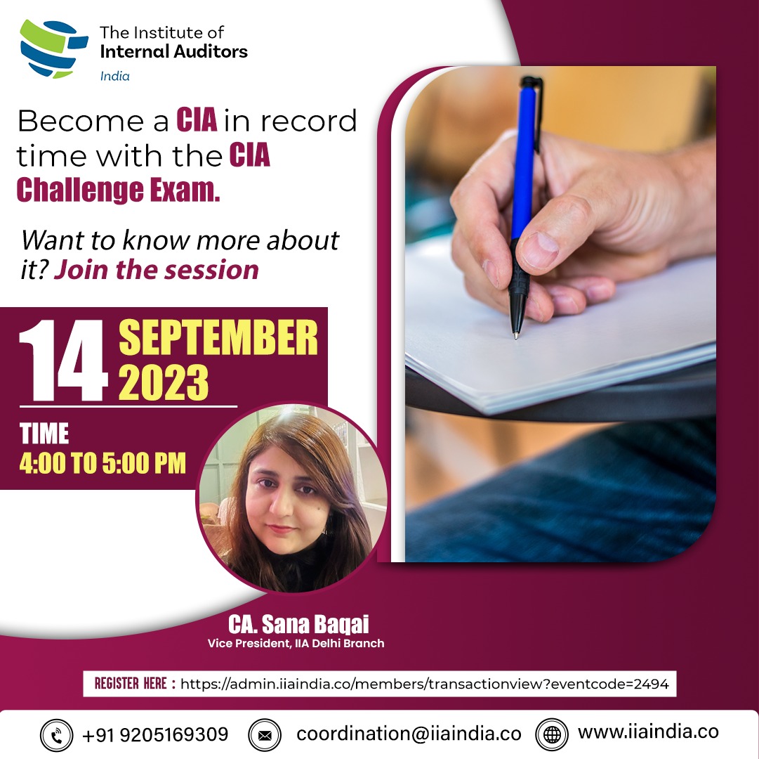 Join the session and clear all doubts about the "𝐂𝐈𝐀 𝐂𝐡𝐚𝐥𝐥𝐞𝐧𝐠𝐞 𝐄𝐱𝐚𝐦"
Date: 𝐒𝐞𝐩𝐭𝐞𝐦𝐛𝐞𝐫 𝟏𝟒, 𝟐𝟎𝟐𝟑
Time: 𝟒:𝟎𝟎 𝐏𝐌 𝐭𝐨 𝟓:𝟎𝟎 𝐏𝐌
Speaker: 𝐂𝐀 𝐒𝐚𝐧𝐚 𝐁𝐚𝐪𝐚𝐢

𝐒𝐞𝐜𝐮𝐫𝐞 𝐲𝐨𝐮𝐫 𝐬𝐩𝐨𝐭: admin.iiaindia.co/members/transa…

#iiaindia #internalauditor