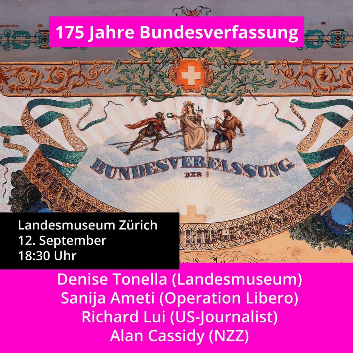 Sanija Ameti (@cybersandwich) on Twitter photo Am 12. September feiern wir zusammen mit der <a href="/USEmbassyBern/">U.S. Embassy Bern</a> und dem @LMZurich das 175. Jubiläum unserer Verfassung. 🇨🇭🎂 Ich freue mich, das Poduim mit unseren hochkarätigen Gästen <a href="/A_Cassidy/">Alan Cassidy</a> und <a href="/RichardLui/">ʀɪᴄʜᴀʀᴅ ʟᴜɪ</a> moderieren zu dürfen.
Letzte Plätze: tickets.landesmuseum.ch/de/tickets/170… Am 12. September feiern wir zusammen mit der <a href="/USEmbassyBern/">U.S. Embassy Bern</a> und dem @LMZurich das 175. Jubiläum unserer Verfassung. 🇨🇭🎂 Ich freue mich, das Poduim mit unseren hochkarätigen Gästen <a href="/A_Cassidy/">Alan Cassidy</a> und <a href="/RichardLui/">ʀɪᴄʜᴀʀᴅ ʟᴜɪ</a> moderieren zu dürfen.
Letzte Plätze: tickets.landesmuseum.ch/de/tickets/170…