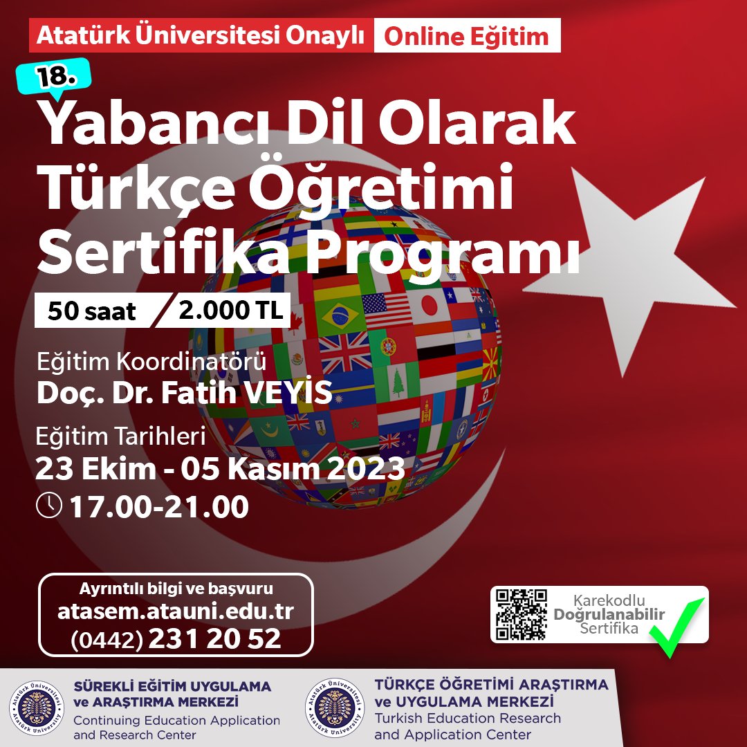 atasem2010's tweet photo. 23 Ekim - 05 Kasım 2023 tarihlerinde Yabancı Dil Olarak Türkçe Öğretimi Sertifika Programı 18 düzenlenecektir.

Profildeki web site linkimizden ayrıntılı bilgiye ulaşabilir ve başvuru yapabilirsiniz.

#atatürküniversitesi #atasem #atatömer @atauniduyurusayfasi @atauni1957 https://t.co/fkLdrEVGEP