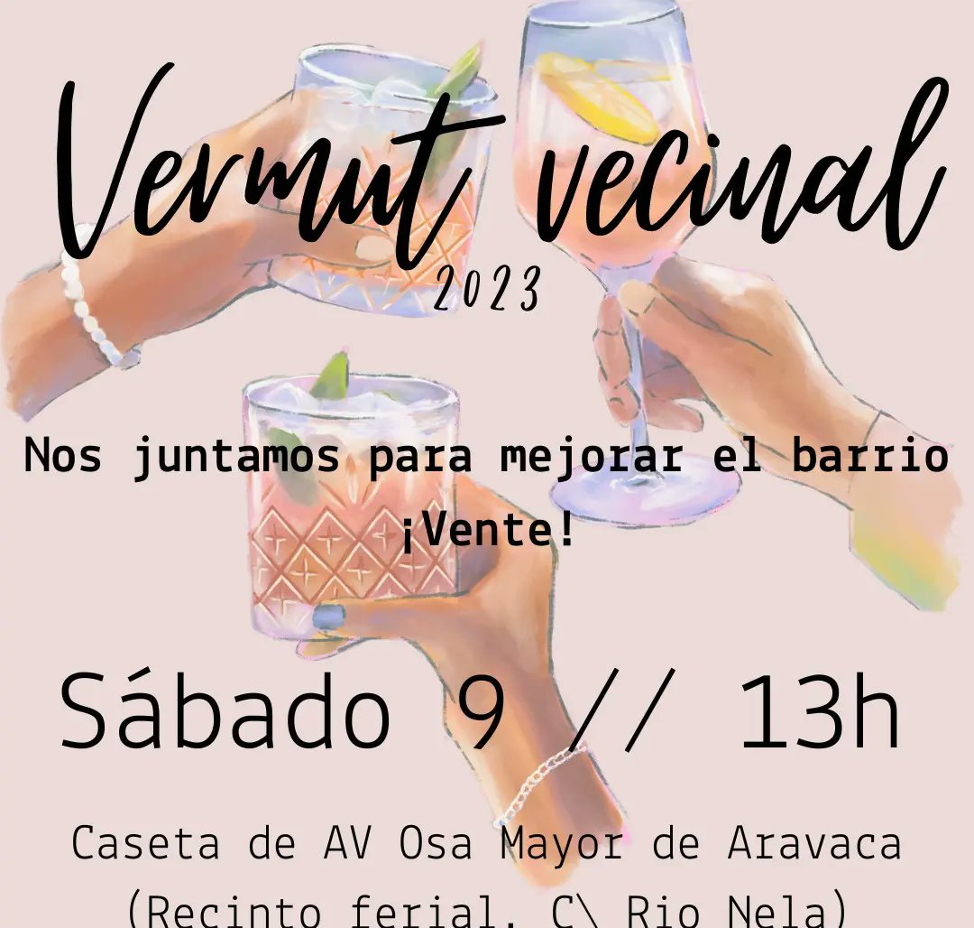 ¿Nos juntamos para hablar de cómo mejorar el barrio?

Mañana sábado, como ya es tradicional en fiestas, haremos un vermut vecinal en nuestra caseta del recinto ferial (la de Peña Aravaqueña). 

Ven con muchas ideas que nosotrxs ya ponemos los aperitivos :)
