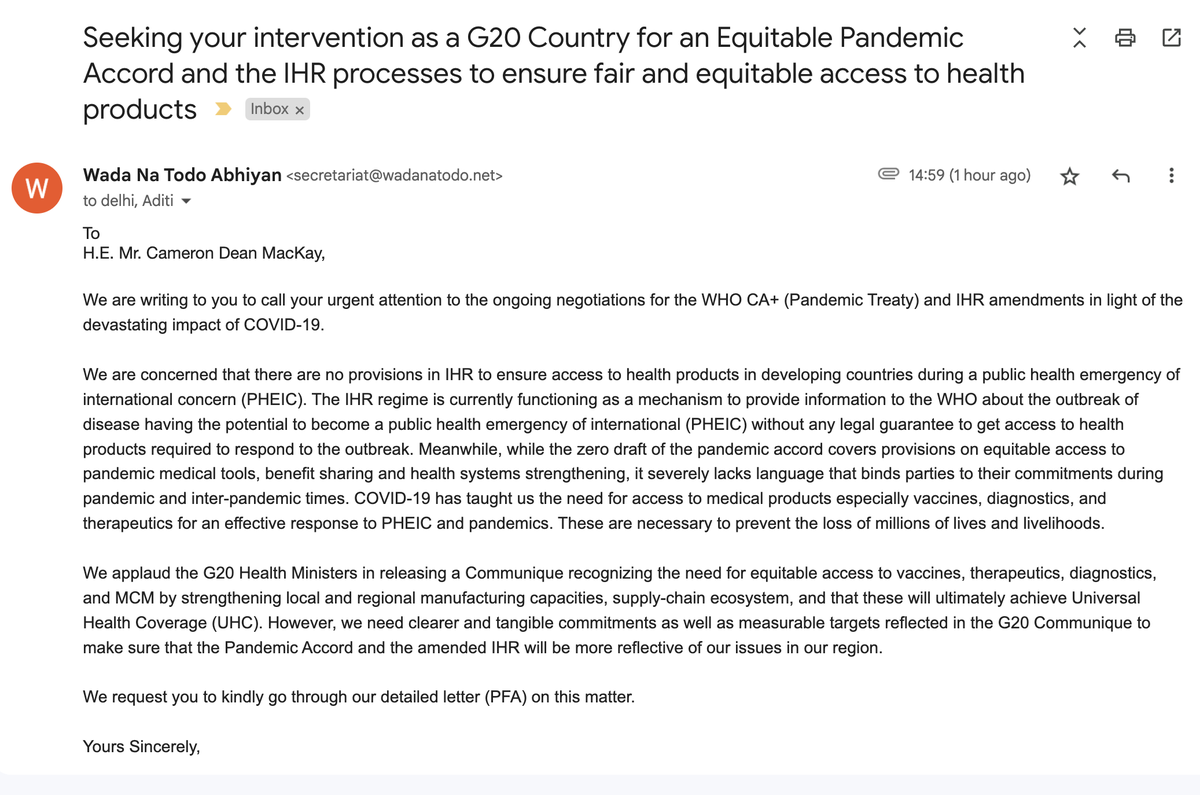 wadanatodo's tweet photo. We have written to Canadian High Commissioner @HCCanInd to call Canada's attention to ongoing negotiations for WHO CA+(Pandemic Treaty) &amp; IHR amendments, asking for commitments &amp; targets to ensure that the Pandemic Accord &amp; amended IHR is more reflective of issues in our region. https://t.co/YT9dRgJ64W