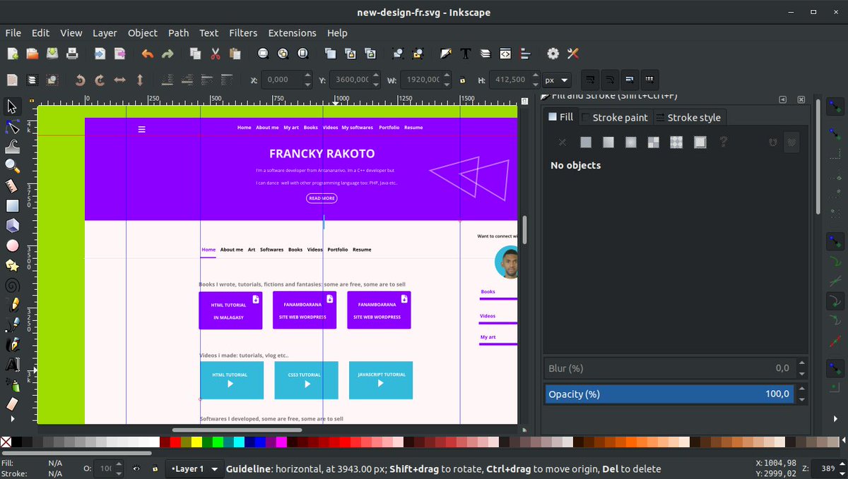 franckycodes's tweet image. Web Design using #inkscape, a multi-plateform free svg editor, it's not as complete as #figma but I love it so much, and it's working offline. 
This is a new concept for my personal website franckyrakoto.com, I'm still working on it, If you need custom  site,  contact me,
