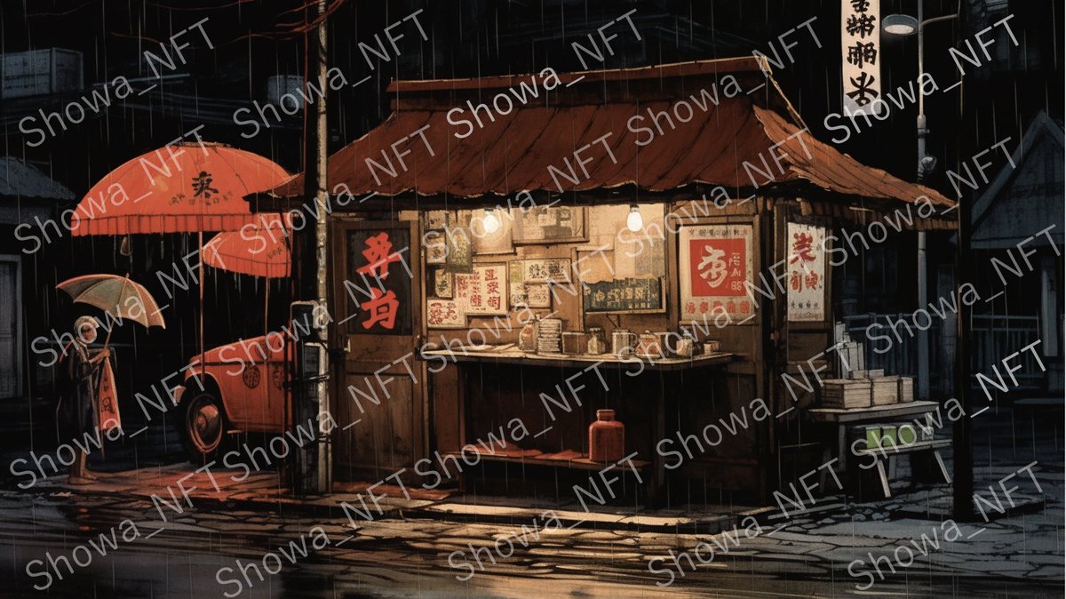 nftshowa's tweet photo. 1940年代の #昭和レトロ NFTアート第二弾！

A Stall at night. Emphasizing the Dark Tone to depict the gloomy mind of a rainy day

☞ @web3_shinovi 

https://t.co/XRw1zXLPNZ

#NFTCommmunity #ShinoVi #JapaneseRetro https://t.co/ecznljRvFT