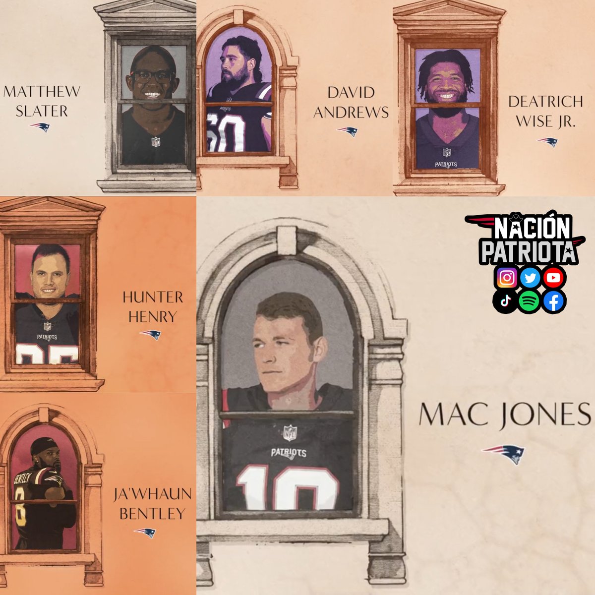 nacionpatriots's tweet photo. Los #Patriots anunciaron oficialmente a sus capitanes para la temporada 2023:

▫️Mac Jones
▫️Matthew Slater
▫️Hunter Henry
▫️Ja’Whaun Bentley
▫️Deatrich Wise Jr.
▫️David Andrews https://t.co/NSwbSSzFdR
