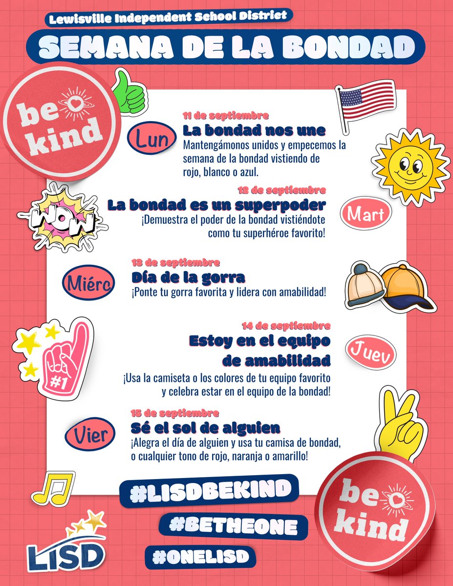 Don't forget that next week (Sept. 11-15) is 𝓚𝓲𝓷𝓭𝓷𝓮𝓼𝓼 𝓦𝓮𝓮𝓴! We look forward to celebrating LISD's #BeKind tradition dedicated to promoting a culture of kindness across the district!

🔆 LISD.net/BeKind

#OneLISD #BeTheOne