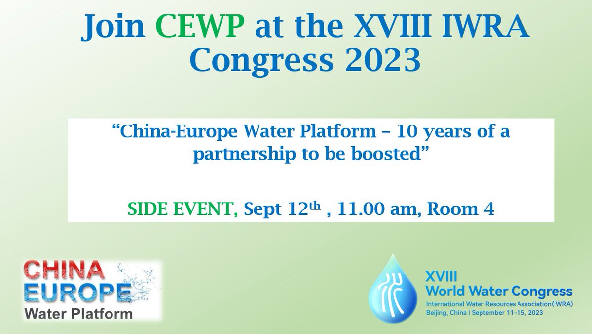 📢Don't miss #CEWP side event in the XVIII IWRA Congress 2023 in Beijing!  

🗓Save the date: Sept 12th, 11.00 am, Room 4  
🔎Consult the program here: cewp.eu/join-cewp-xvii…

☝️Hope to see you there!