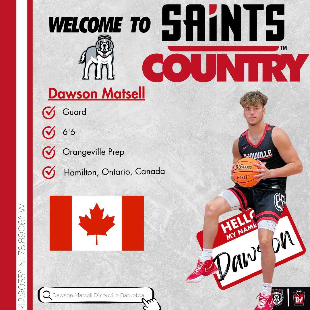 DYouvilleMBB's tweet photo. Welcome to Saints Country Dawson! @DawsonMatsell comes to D'Youville from Orangeville Prep where he was a Biosteel All Canadian Nominee. Dawson is a hard nosed, athletic wing, that is a sniper from deep. He is sure to get The Palace on Porter jumpin'

#FeedTheDawgs | #PawsUp https://t.co/GocSubAyIn