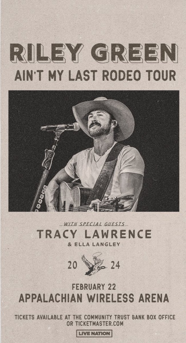 Appalachian Wireless Arena (@appwirearena) on Twitter photo JUST ANNOUNCED: <a href="/RileyGreenMusic/">Riley Green</a>’s Ain’t My Last Rodeo Tour with <a href="/Tracy_Lawrence/">Tracy Lawrence</a> and <a href="/EllaLangleymsic/">Ella Langley</a> is coming to The Appalachian Wireless Arena on Feb 22, 2024! Tickets on sale Fri, 9/15 (10am local).Get more info here.
ticketmaster.com/event/16005F27… JUST ANNOUNCED: <a href="/RileyGreenMusic/">Riley Green</a>’s Ain’t My Last Rodeo Tour with <a href="/Tracy_Lawrence/">Tracy Lawrence</a> and <a href="/EllaLangleymsic/">Ella Langley</a> is coming to The Appalachian Wireless Arena on Feb 22, 2024! Tickets on sale Fri, 9/15 (10am local).Get more info here.
ticketmaster.com/event/16005F27…