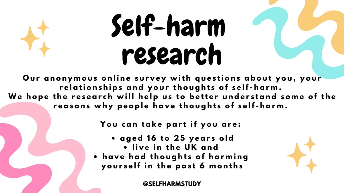 SelfHarmStudy's tweet photo. We are still recruiting for people to complete our online survey about self-harm, read below to see if you meet the criteria. 

Link to take part: https://t.co/G4BazPXFOF

#selfharm #selfharmrecovery #mentalhealth #shtwt #edtwt #bpdtwt #bpd https://t.co/iuYtVOagTh