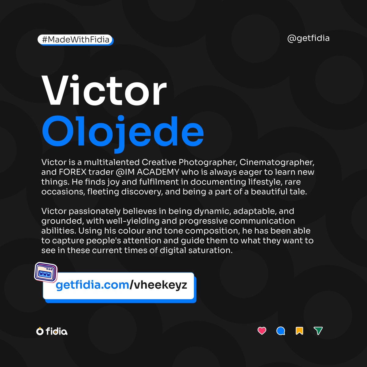 getfidia's tweet photo. Website Spotlight ✨💫

Check out this week's creative website. This is for you if you're an experienced creative looking for website ideas.

@vheekeyz website is worth checking out today 💙

#MadeWithFidia https://t.co/LtuurErymG