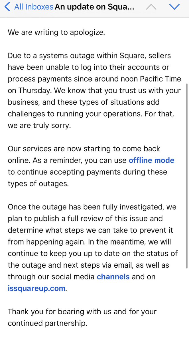 jarich31's tweet image. @Square’s message to sellers. Received at 6:50am PST. #squaredown #squareoutage