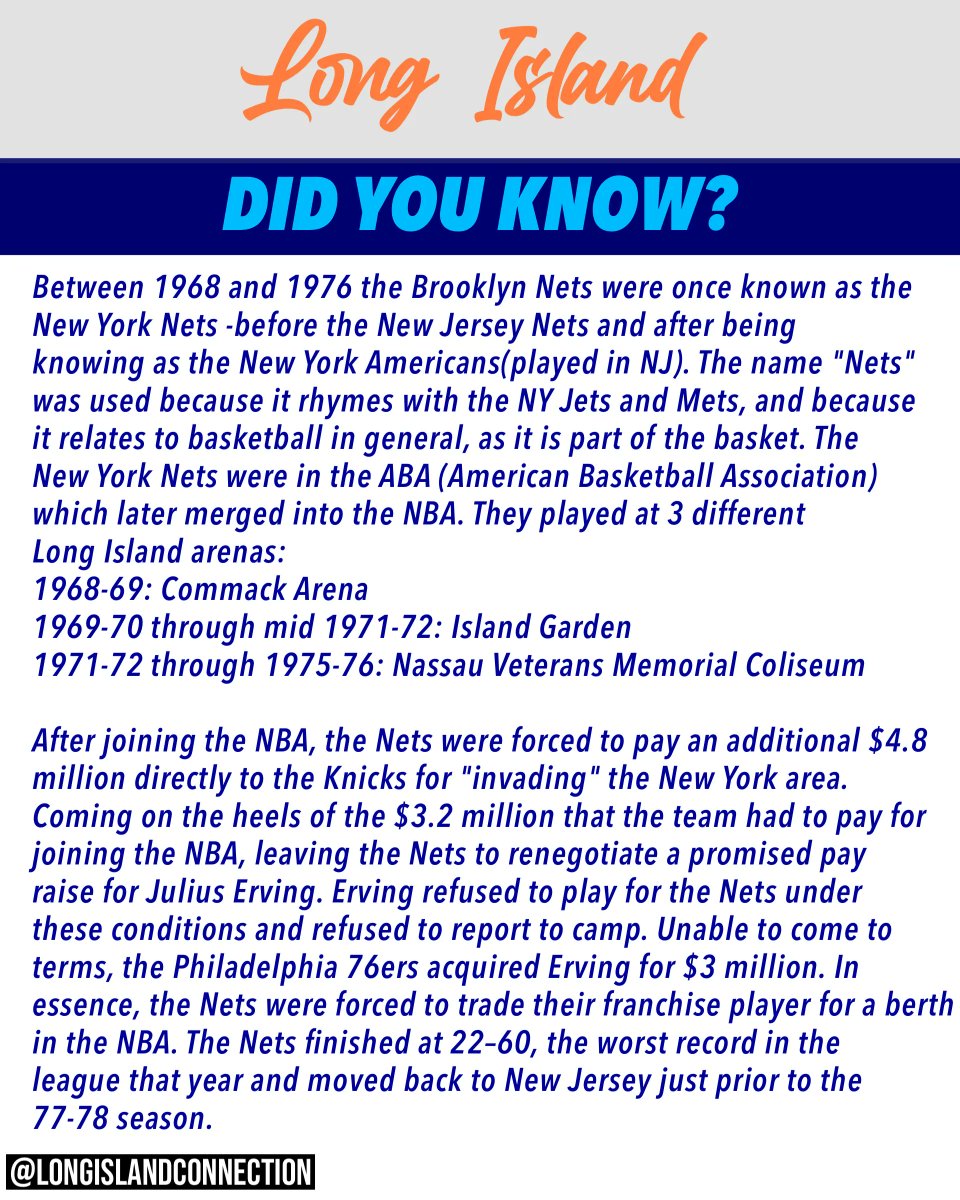 LIConnection's tweet photo. Did you know: NY Nets History
#longisland #longislandhistory #longislandconnection #nynets #brooklynnets https://t.co/ApC9Aub27R